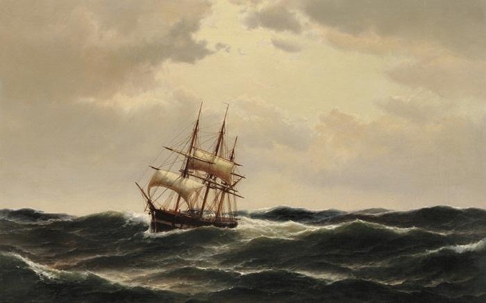 Carl Bille A ship in stormy waters Sweden oil painting art